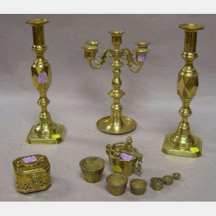 Pair of Brass Candlesticks, a Five-Light Candelabra, a Small Reticulated Brass Box, and a Nest of Brass Weights. 