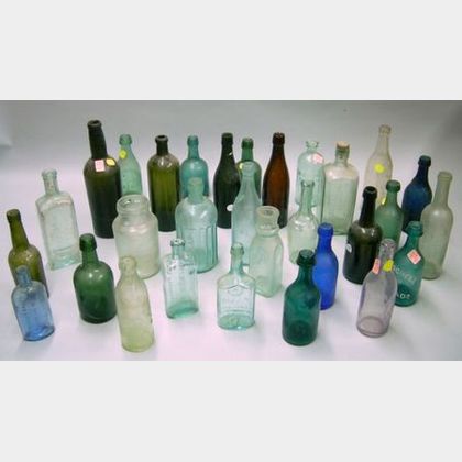 Collection of Approximately Sixty-nine Mostly Aqua Glass Bottles, Insulators, Etc. 