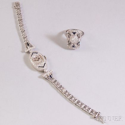 Two Art Deco Diamond and Sapphire Jewelry Items