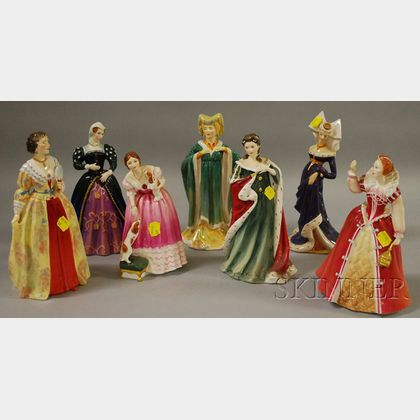 Seven Royal Doulton Porcelain Figures of Queens and Ladies