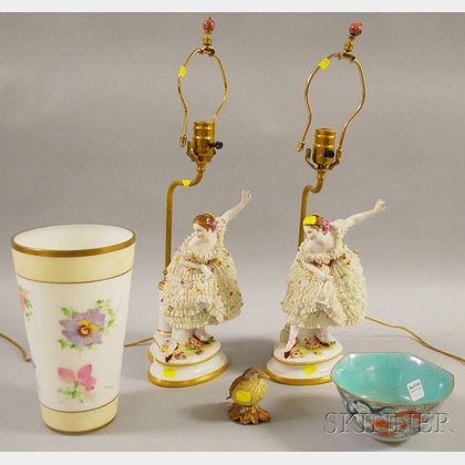 Pair of Porcelain Ballerina Figural Table Lamps, a Painted Bisque Bird Figure, Bristol Glass Vase, and a Chinese Enamel-decorated Porce