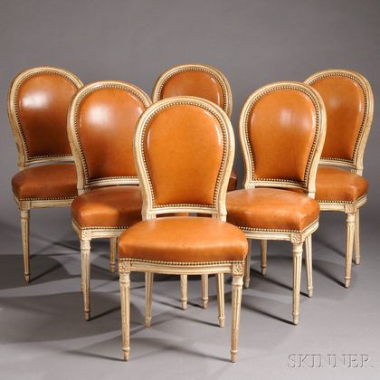 Six Leather-upholstered Louis XVI-style Side Chairs