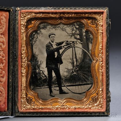 Sixth-plate Tintype of Man with a High Wheel Bicycle