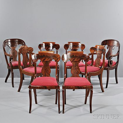 Set of Five Mahogany Veneer Grecian Dining Chairs, a Similar Side Chair, and Two Similar Armchairs, 