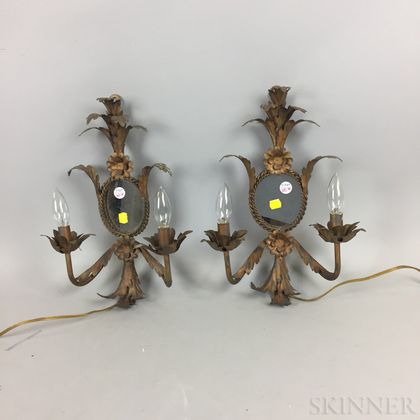 Pair of Gold-painted Metal and Mirrored Two-light Wall Sconces