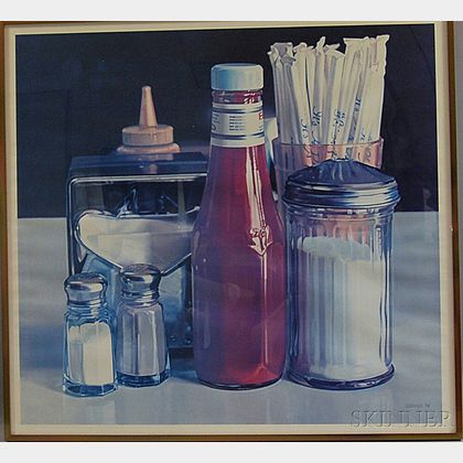 After Ralph Goings (American, b. 1928) Photorealist Tabletop Still Life: Condiments, Straws, and Napkin Dispenser.