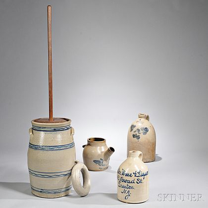 Stoneware Butter Churn, Three Jugs, and a Flask