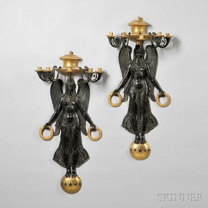 Pair of Empire Bronze and Gilt-bronze Figural Sconces