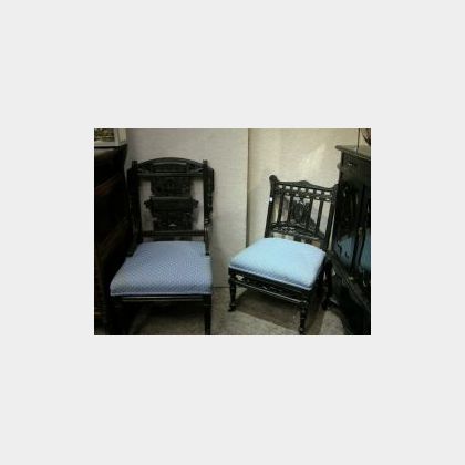 Aesthetic Movement Upholstered Ebonized Slipper Chair and Parlor Side Chair. 