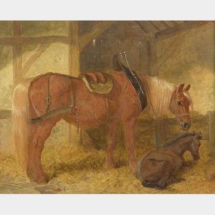 Attributed to John Frederick Herring Sr. (British, 1795-1865) Mare and Foal in a Loose-Box