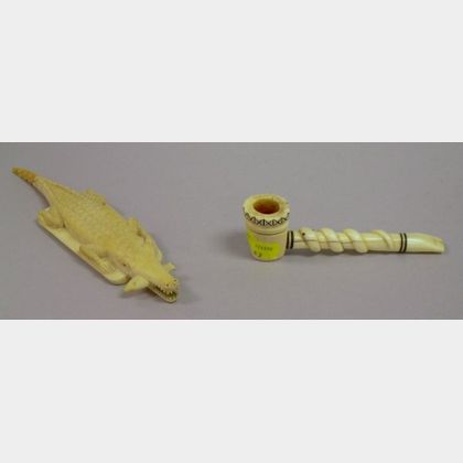 Carved Ivory Pipe and Crocodile Figure. 
