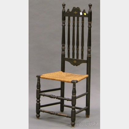 Black-painted and Decorated Bannister-back Side Chair with Woven Rush Seat. 