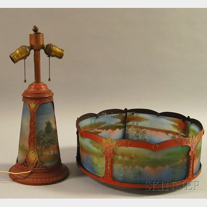 Pittsburgh-type Reverse-painted Landscape-decorated Glass Bent Panel and Painted Cast Metal Table Lamp