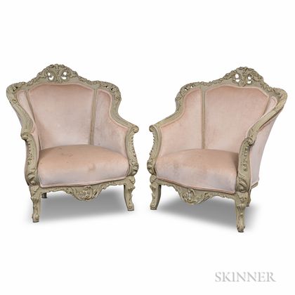 Pair of Rococo-style Carved, Painted, and Gilt Bergeres