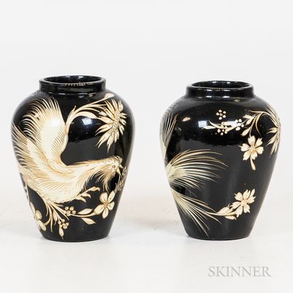 Pair of Modern Japanese Rooster-decorated Pottery Vases