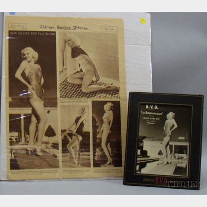 Framed Jean Harlow/B.V.D. Bathing Suits Retail Advertising Display Photograph La Bourrasque and a Chicago Sunday Times, June 2, 1935, 