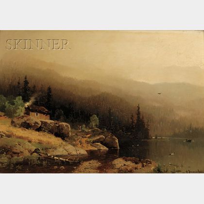 Georg Anton Rasmussen (Norwegian, 1842-1914) Panoramic Lake View with Figures and Rowboat