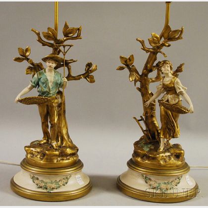 Pair of Painted French-style Metal Figural Peasants Picking Fruit Table Lamps