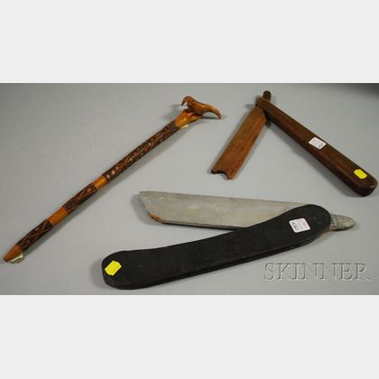 Two Folk Carved and Painted Wood Oversized Folding Straight Razors and a Fraternal Scepter
