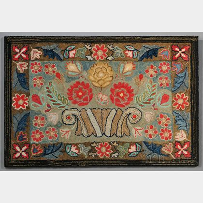 Floral Hooked Rug with a Basket of Flowers