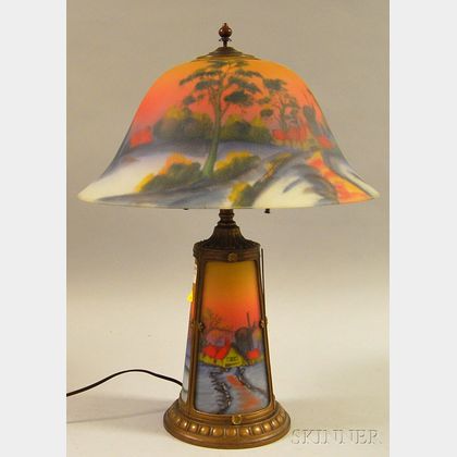 Pittsburgh-type Reverse-painted Windmill-landscape-decorated Glass and Painted Cast Metal Table Lamp