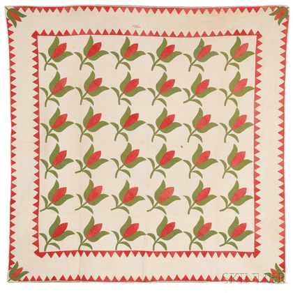 Pieced and Appliqued Cotton Tulip-pattern Quilt