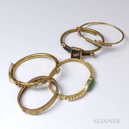 Three 14kt Gold Hinged Bangles and Two Gold-filled Bangles