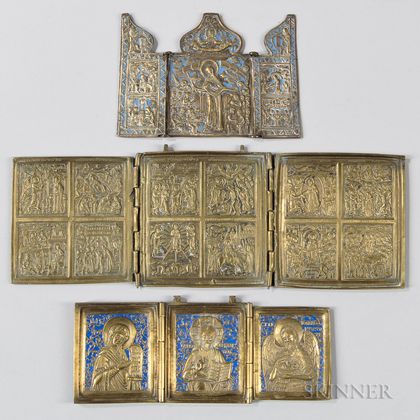 Three Russian Brass Traveling Icons