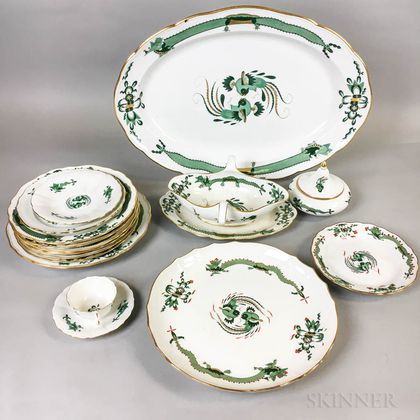 Sixteen Pieces of Meissen Green Dragon and Bird Porcelain Tableware