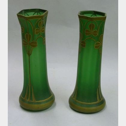 Pair of Art Nouveau Painted Shamrock Decorated Frosted Green Glass Vases. 