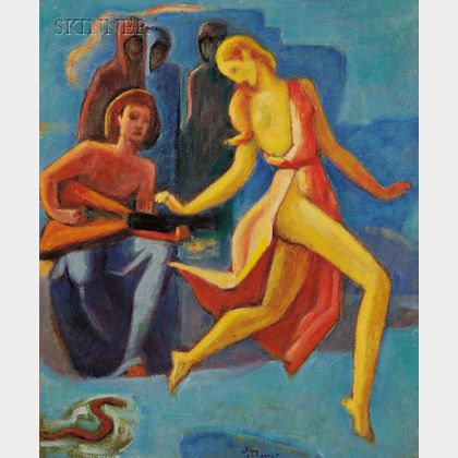 Gustave Florot (French, 1885-1965) Scene with Dancer and Lute Player