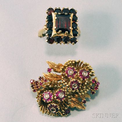 Two Gold Gem-set Jewelry Items