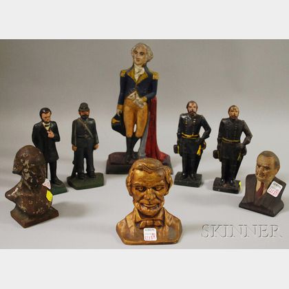 Eight Painted Cast Iron Historical Figural Doorstops