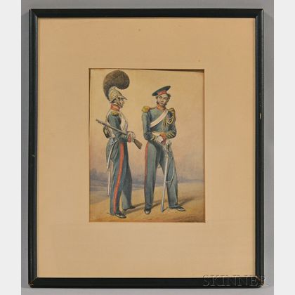 Framed Watercolor Picture of Two Bavarian Soldiers