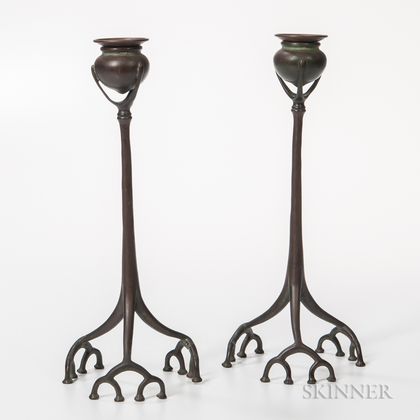 Pair of Tiffany Studios Bronze Root Candlesticks 