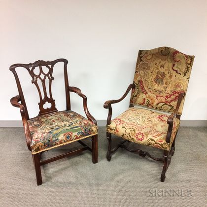 Two Tapestry-upholstered Open Armchairs