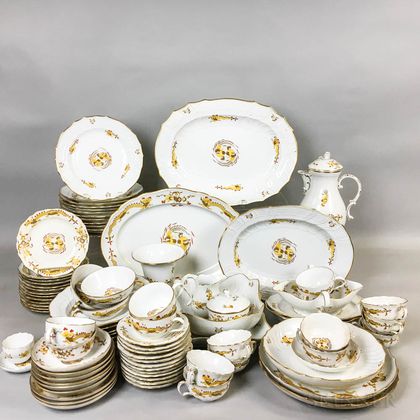 Eighty-eight Pieces of Meissen Yellow Dragon and Bird Porcelain Tableware. Estimate $800-1,200