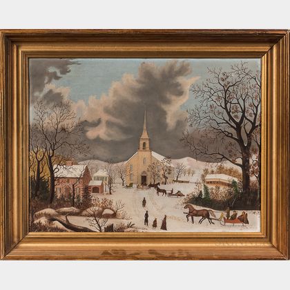 American School, Mid-19th Century New England Winter Townscape