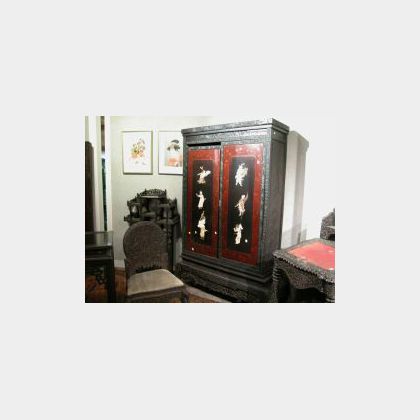 Japanese Carved Wood Cabinet on Stand