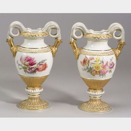 Pair of Meissen Porcelain Parcel Gilt Snake-Handled Vases