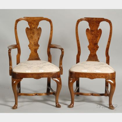Set of Ten Queen Anne Style Burl Walnut Veneered Dining Chairs