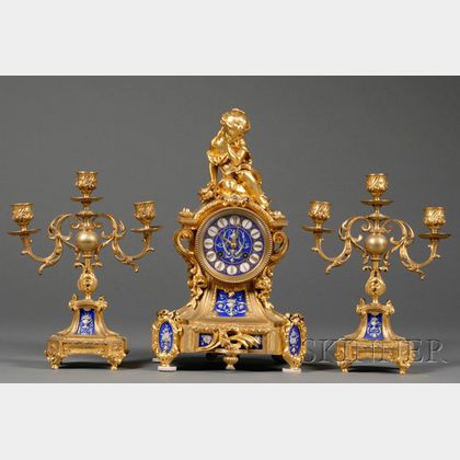 Three Piece Louis XV Style Gilt Bronze and Porcelain-mounted Clock Garniture