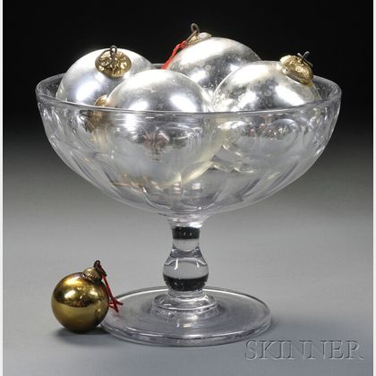 Blown Colorless and Cut Glass Compote with Five Mercury Glass Kugels