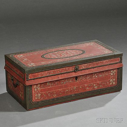 Red-painted and Decorated Brass-bound Camphor Wood and Leather Chest