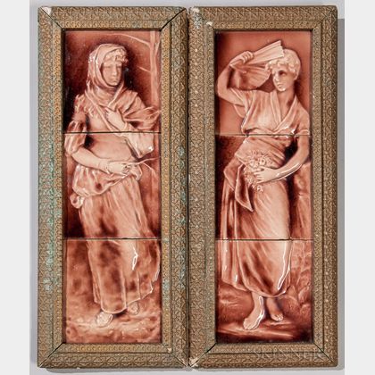 Two Cambridge Art Tile Works Three-part Pottery Panels of Women 
