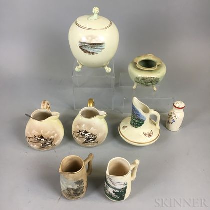 Eight Hampshire Pottery Transfer-decorated Vessels