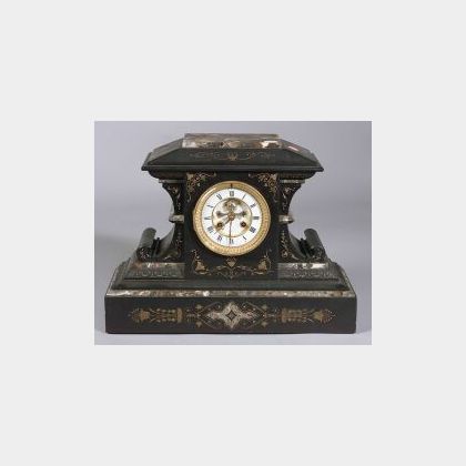 French Incised Slate and Scagliola Mantel Clock