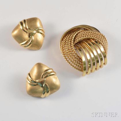 14kt Gold Brooch and Pair of Earclips