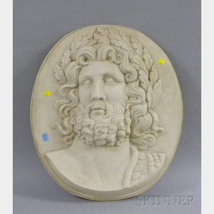 Classical Oval Molded Marble Composition Portrait Plaque Depicting Zeus