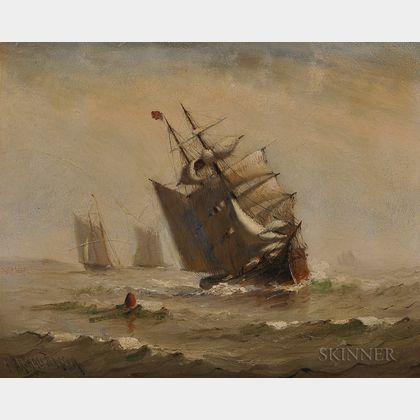 Marshall Johnson Jr. (American, 1850-1921) Sailing Ships on a Foggy Sea